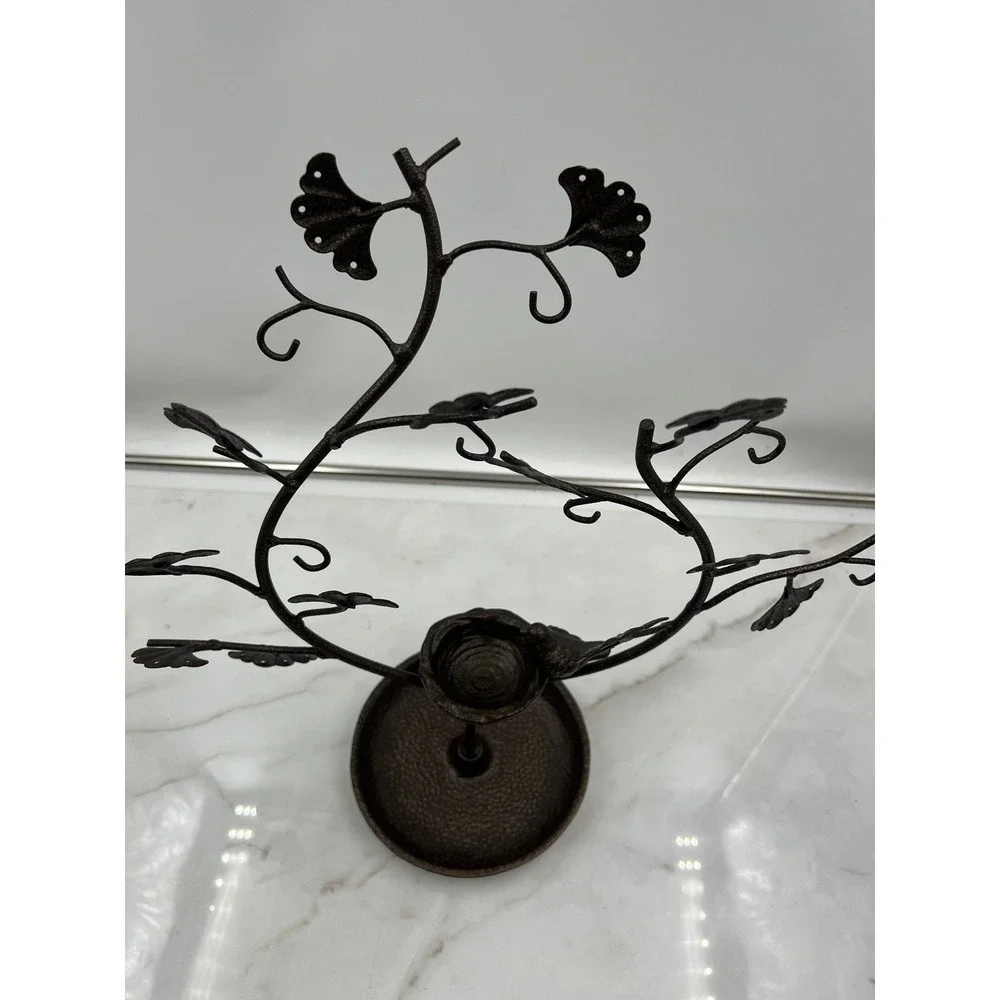 Cast Iron Jewelry Tree Stand Ginkgo Leaf Bird Nest Organizer Bronze Tone 12.5in